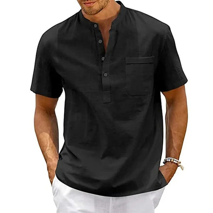Chemise homme AKJ Fashion noire en coton et lin, manches courtes, col mao, poche poitrine, idéale été.