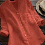 AKJ Fashion Chemise effet lin corail à col mao, manches longues retroussables, poche poitrine. Parfaite pour l'été.