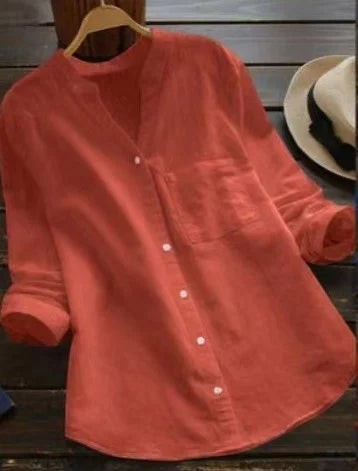 AKJ Fashion Chemise effet lin corail à col mao, manches longues retroussables, poche poitrine. Parfaite pour l'été.