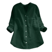 AKJ Fashion Chemise verte effet lin col mao, manches longues retroussables, poche poitrine, boutonnée.