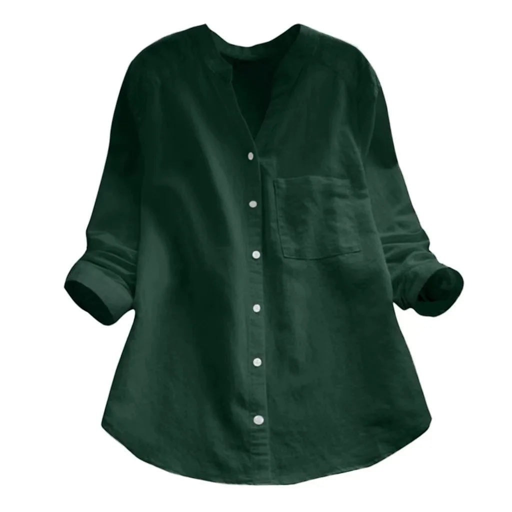 AKJ Fashion Chemise verte effet lin col mao, manches longues retroussables, poche poitrine, boutonnée.