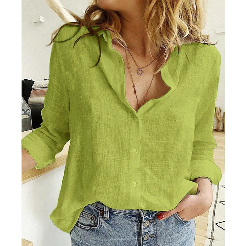 AKJ Fashion Chemise verte effet lin col mao, manches longues retroussables, coupe droite, idéale pour l'été.