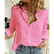 AKJ Fashion Chemise rose vif effet lin, col mao, manches longues retroussables, boutonnée, coupe droite.