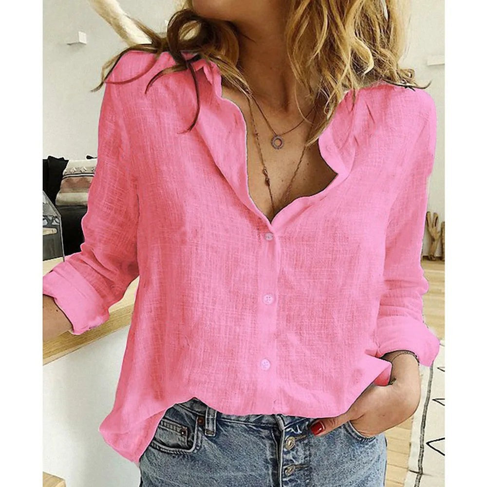 AKJ Fashion Chemise rose vif effet lin, col mao, manches longues retroussables, boutonnée, coupe droite.
