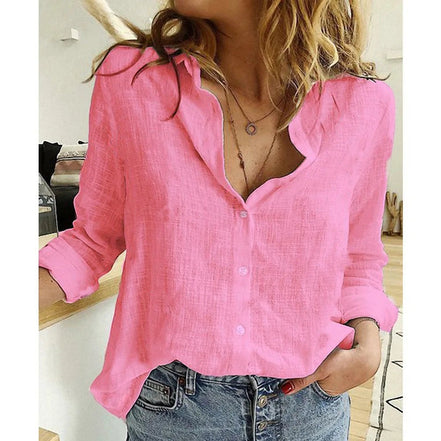 AKJ Fashion Chemise rose vif effet lin, col mao, manches longues retroussables, boutonnée, coupe droite.
