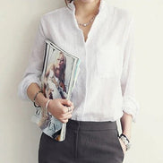 AKJ Fashion Chemisier blanc en lin à manches longues pour femme, col mao, avec une poche poitrine.