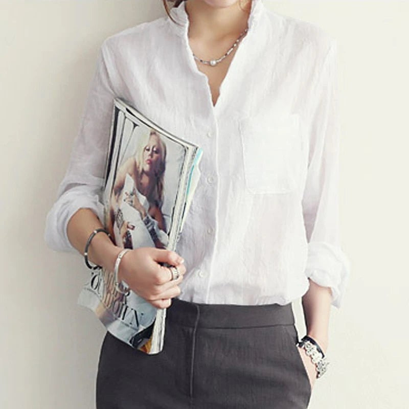 AKJ Fashion chemisier blanc en lin pour femme, manches longues, col mao, coupe décontractée, idéal pour l'été.