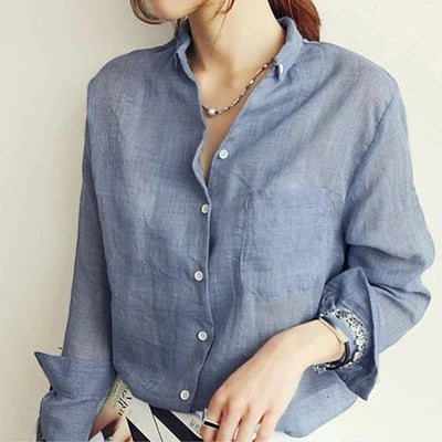 Chemisier AKJ Fashion bleu clair en lin, manches longues, col boutonné, coupe décontractée, idéal pour l'été.