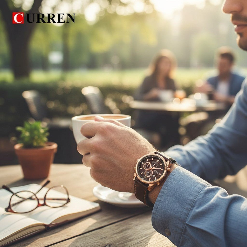 Montre chronographe AKJ Fashion CURREN pour homme, cadran noir, bracelet en cuir marron, style sportif-chic.