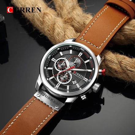 Montre chronographe AKJ Fashion CURREN homme en acier inoxydable, cadran noir, bracelet cuir marron, style sportif-chic.