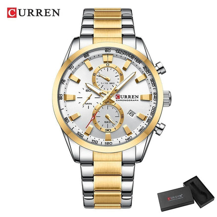 Montre chronographe AKJ Fashion CURREN Sport homme, cadran blanc 44mm, bracelet bicolore argent et or.
