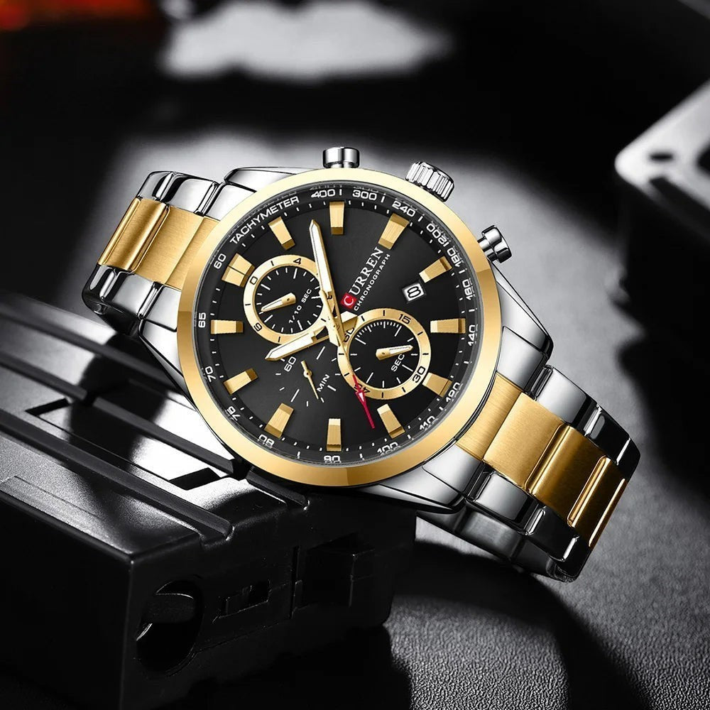 Montre chronographe AKJ Fashion CURREN Sport homme, cadran noir 44mm, bracelet bicolore argent et or, style sportif chic.