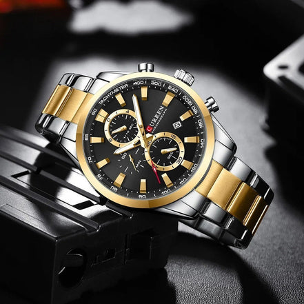 Montre chronographe AKJ Fashion CURREN Sport homme, cadran noir 44mm, bracelet bicolore argent et or, style sportif chic.