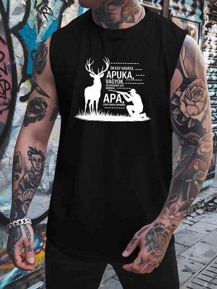 AKJ Fashion débardeur noir homme, coupe ajustée, imprimé chasseur et cerf, idéal pour le fitness et le quotidien.