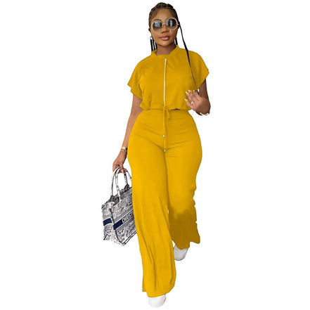 AKJ Fashion ensemble 2 pièces jaune safran, top zip manches papillon et pantalon large taille haute fluide.