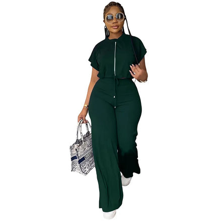 AKJ Fashion ensemble 2 pièces vert foncé, top zippé manches papillon et pantalon large taille haute.