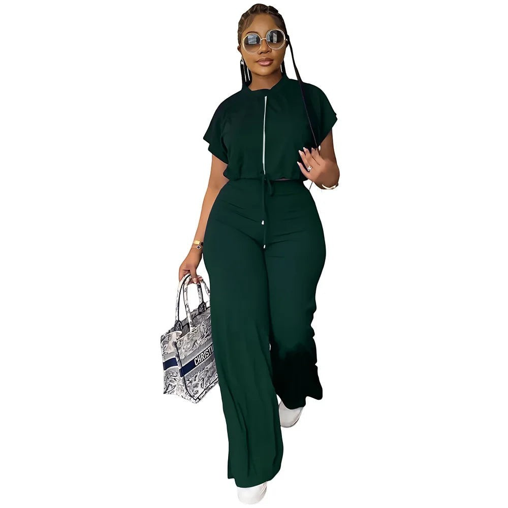 AKJ Fashion ensemble 2 pièces vert sapin, top zip manches papillon et pantalon large taille haute, tissu fluide.