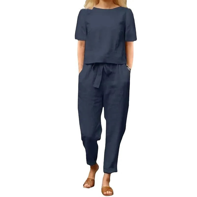 AKJ Fashion Ensemble bleu marine 2 pièces en tissu effet lin, top droit manches courtes et pantalon taille élastiquée.