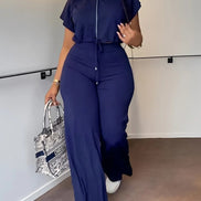 AKJ Fashion ensemble bleu marine 2 pièces: top zippé à manches papillon et pantalon large taille haute fluide.