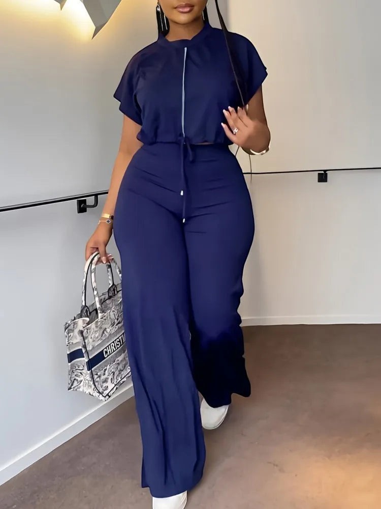 AKJ Fashion ensemble bleu marine 2 pièces: top zippé à manches papillon et pantalon large taille haute fluide.