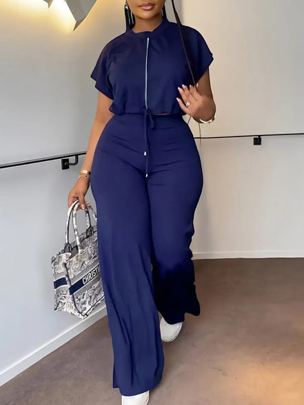AKJ Fashion ensemble bleu marine 2 pièces: top zippé à manches papillon et pantalon large taille haute fluide.