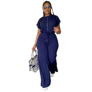 AKJ Fashion ensemble 2 pièces bleu marine, top zippé manches papillon et pantalon large taille haute fluide.
