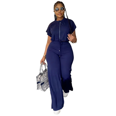 AKJ Fashion ensemble 2 pièces bleu marine, top zippé manches papillon et pantalon large taille haute fluide.
