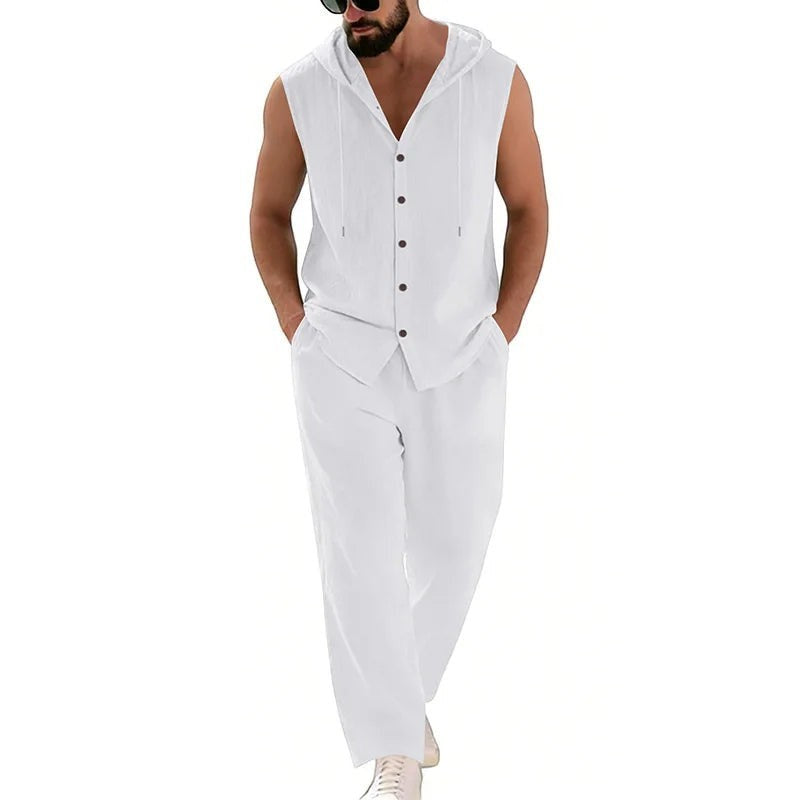 AKJ Fashion ensemble blanc en coton et lin pour homme, sans manches, avec capuche, pantalon assorti, idéal pour l'été.