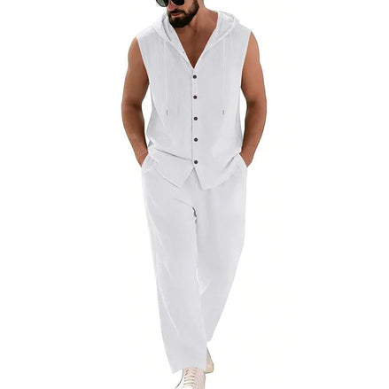 AKJ Fashion ensemble blanc en coton et lin pour homme, sans manches, avec capuche, pantalon assorti, idéal pour l'été.