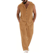 AKJ Fashion ensemble d'été sans manches avec capuche, pantalon assorti en coton et lin couleur camel.