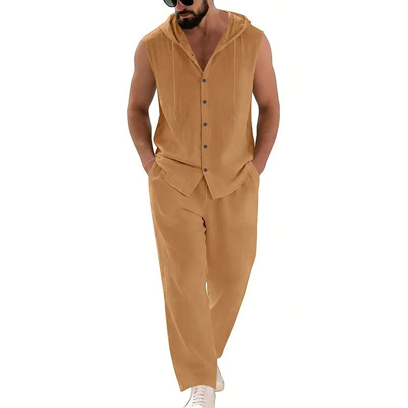 AKJ Fashion ensemble d'été sans manches avec capuche, pantalon assorti en coton et lin couleur camel.