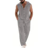 AKJ Fashion ensemble estival gris en coton et lin, sans manches avec capuche, pantalon assorti.