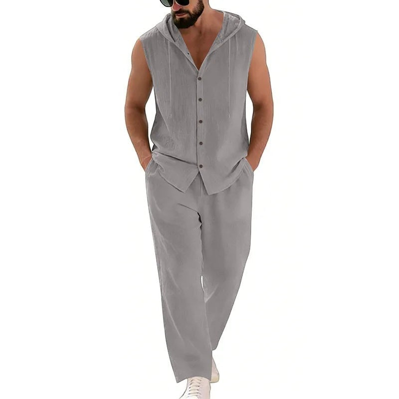 AKJ Fashion ensemble estival gris en coton et lin, sans manches avec capuche, pantalon assorti.