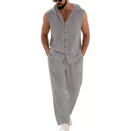 AKJ Fashion ensemble d'été gris en coton et lin pour homme, sans manches avec capuche, pantalon assorti.