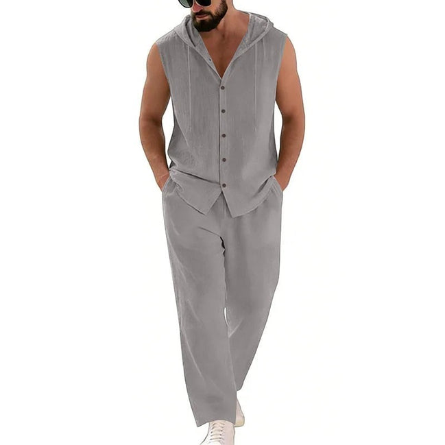 AKJ Fashion ensemble d'été gris en coton et lin pour homme, sans manches avec capuche, pantalon assorti.