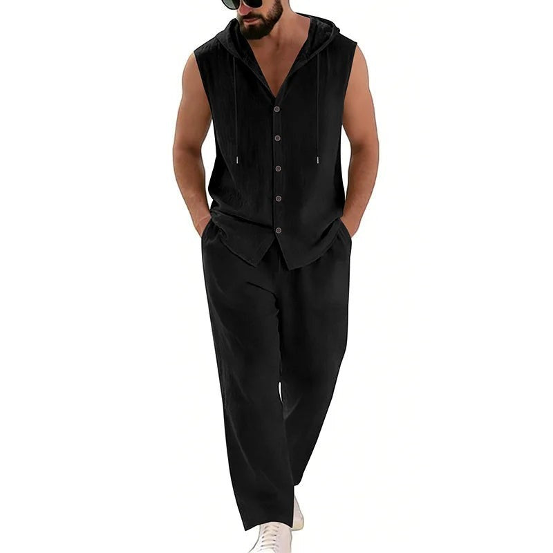 AKJ Fashion Ensemble d'été noir en coton et lin, sans manches avec capuche, pantalon assorti.