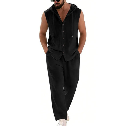 AKJ Fashion Ensemble d'été noir en coton et lin, sans manches avec capuche, pantalon assorti.