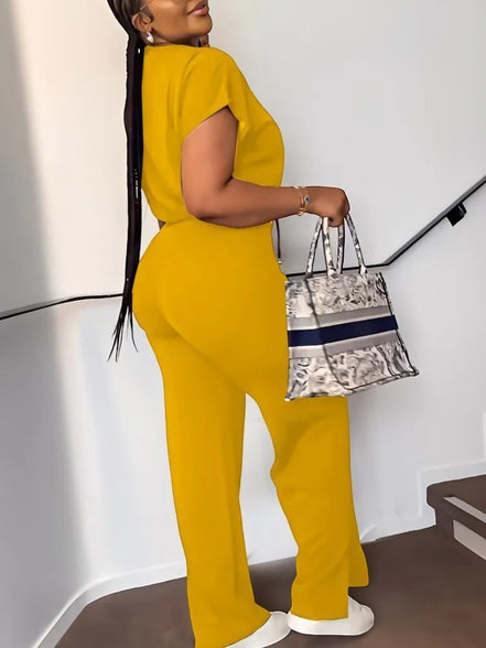 AKJ Fashion ensemble jaune safran 2 pièces, top zip manches papillon et pantalon large taille haute fluide.