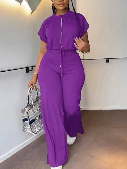 AKJ Fashion ensemble violet 2 pièces : top zippé manches papillon et pantalon large taille haute fluide.