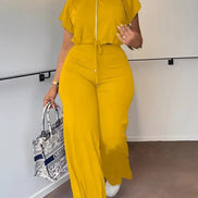 AKJ Fashion ensemble jaune safran 2 pièces, top zip manches papillon et pantalon large taille haute fluide.