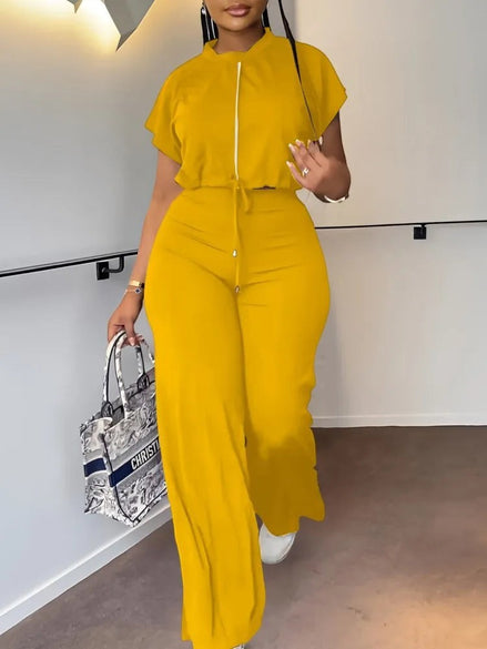 AKJ Fashion ensemble jaune safran 2 pièces, top zip manches papillon et pantalon large taille haute fluide.