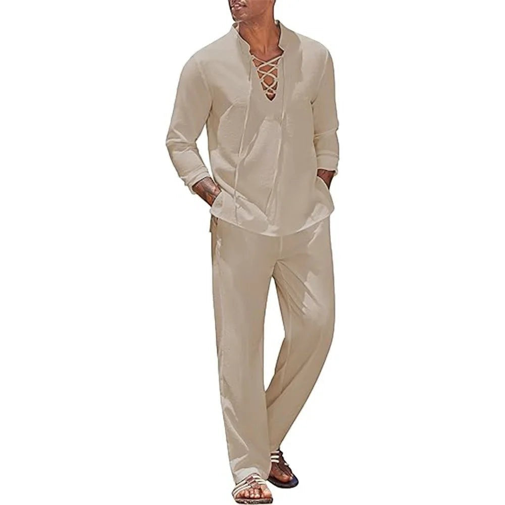 Ensemble estival AKJ Fashion homme en lin et coton beige, chemise à lacets et pantalon décontracté