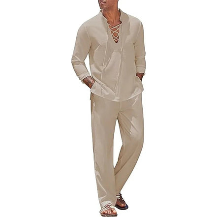 Ensemble estival AKJ Fashion homme en lin et coton beige, chemise à lacets et pantalon décontracté
