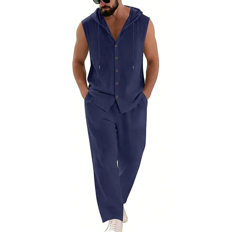 AKJ Fashion Ensemble bleu marine en coton et lin pour homme, sans manches, avec capuche et pantalon assorti.