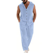 AKJ Fashion ensemble bleu ciel en lin et coton pour homme, sans manches avec capuche, pantalon assorti, coupe décontractée
