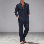 Ensemble estival AKJ Fashion bleu marine en lin et coton, chemise à lacets et pantalon assorti