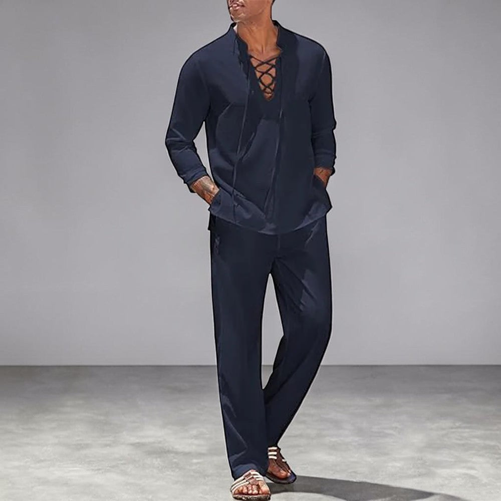 Ensemble estival AKJ Fashion bleu marine en lin et coton, chemise à lacets et pantalon assorti