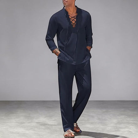 Ensemble estival AKJ Fashion bleu marine en lin et coton, chemise à lacets et pantalon assorti