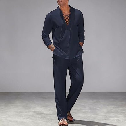Ensemble estival AKJ Fashion bleu marine en lin et coton, chemise à lacets et pantalon assorti