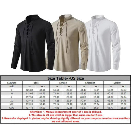 Ensemble estival AKJ Fashion homme en coton et lin, col lacé, manches longues, disponible en noir, beige et blanc.